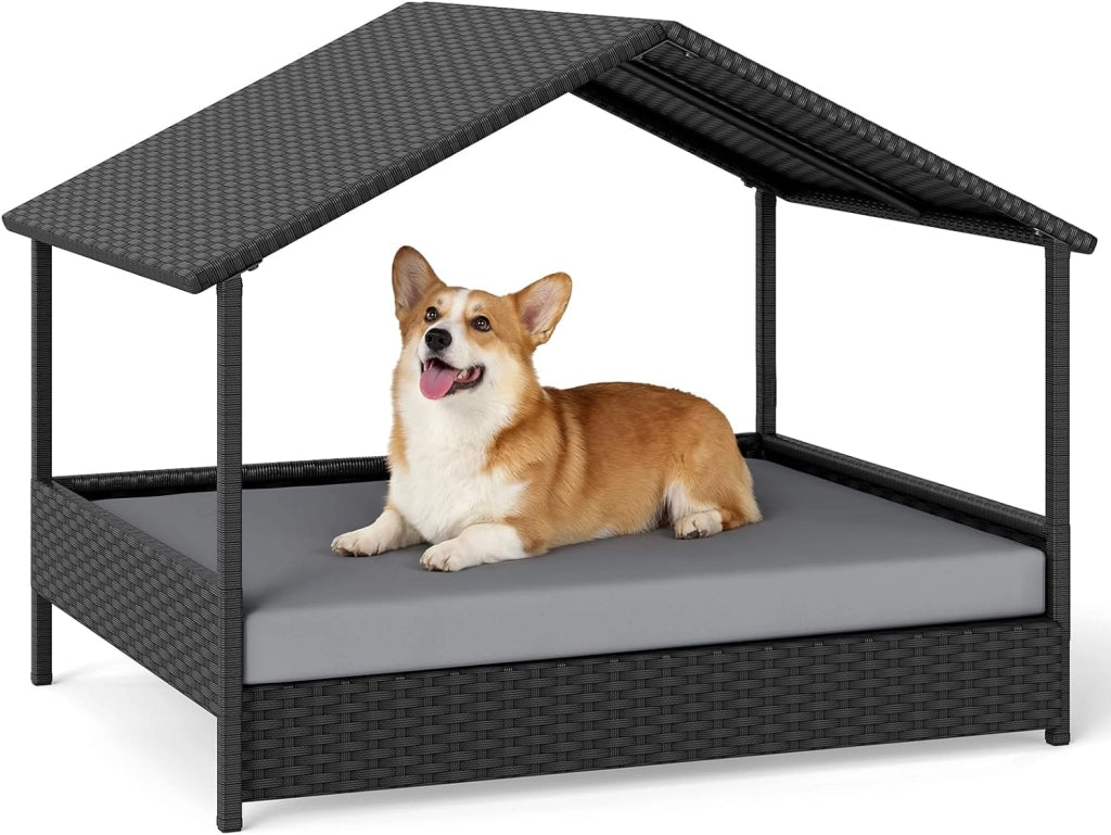 Casetta per Cani da Esterno e Interno, Letto Rialzato in Rattan con Struttura in Metallo, Tetto Impermeabile e Cuscino Rimovibile, per Cani di Taglia Piccola e Media fino a 60 KG (Beige)