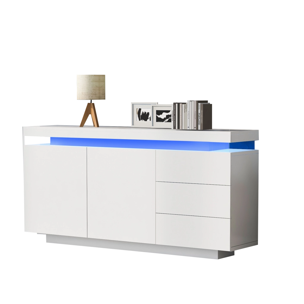 Credenza moderna bianca lucida con LED RGB, 2 ante e 3 cassetti, 140x35x72,5 cm