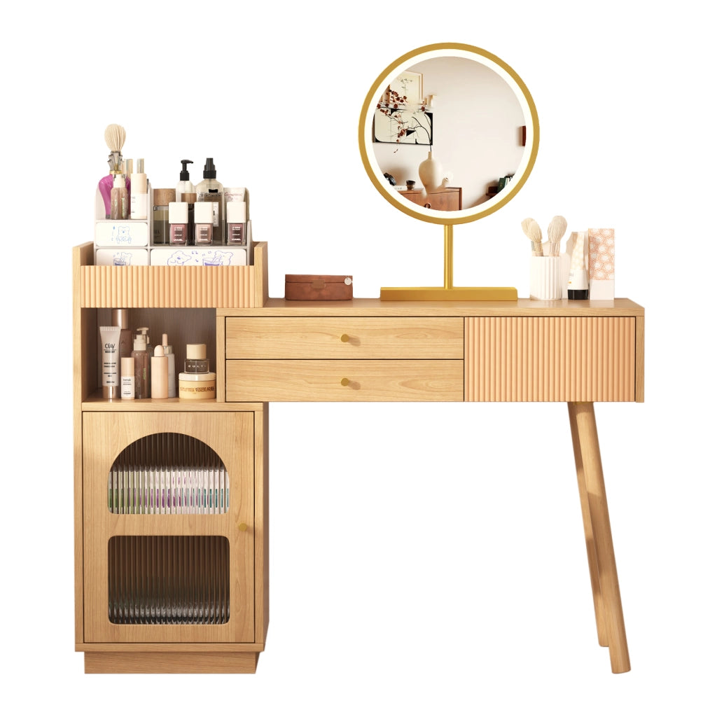 Set toeletta con specchio LED a 3 colori, 3 cassetti e mobile laterale, colore naturale