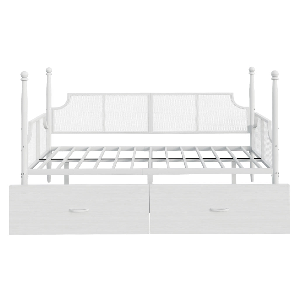 Divano letto in metallo 90 × 200 cm 1 posto con 2 cassetti, senza materasso, metallo, bianco