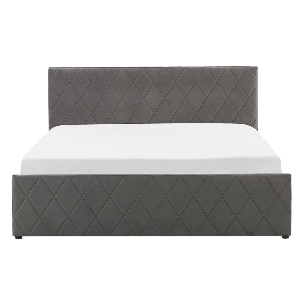Letto contenitore tappezzeria in velluto grigio matrimoniale 140 x 200 cm con testiera trapuntata a rombi con base a doghe