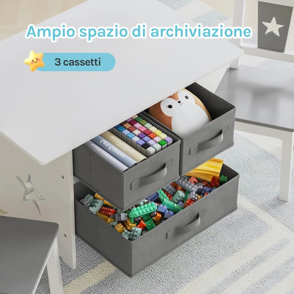Tavolo per Bambini Scrivania con Cassetti Tavolino con 2 Sedie in Legno