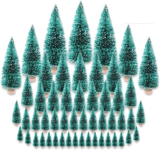 Decorazione di Natale per tavolo, mini albero di Natale con effetto neve, mini pannelli di neve verde, 48 pezzi, dimensioni 35/45/65/85/125/16 cm