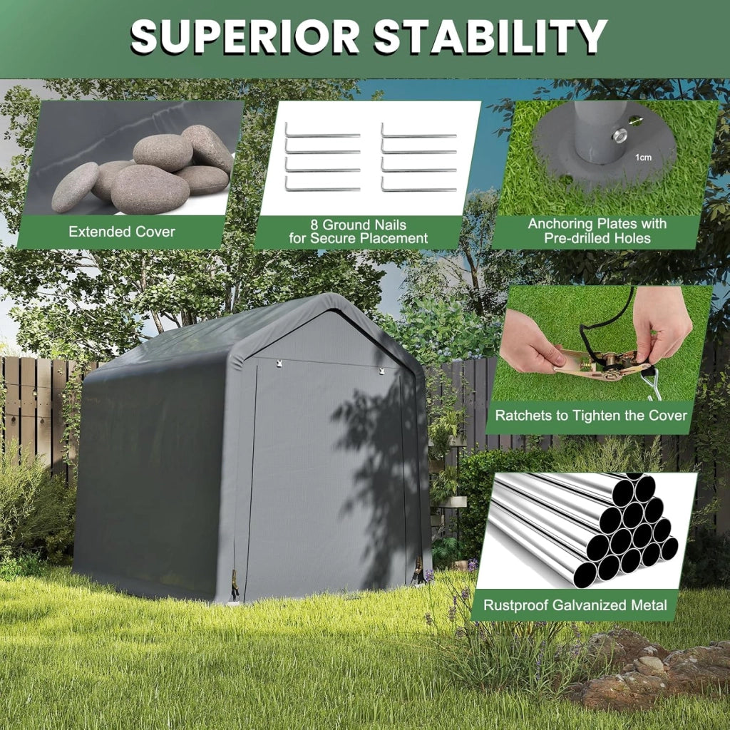 Capanno da Giardino 195 X 240 X 214 CM, Tenda Garage per Bici Moto Attrezzi, con Copertura en PE Impermeabile, Porta con Cerniera, Telaio in Metallo, Picchetti, per Esterno, Grigio
