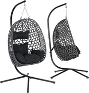 Poltrona Sospesa a Uovo, Sedia Sospesa con Supporto in Metallo, Cuscino e Poggiatesta, Altezza Regolabile, in Rattan PE, per Giardino, Terrazza, 102x100x196 cm, Nero