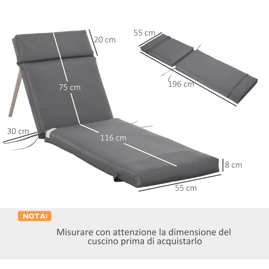 Set 2 Cuscini per Sdraio da Esterno Imbottiti in Cotone con Cinghie, 196x55x8 cm, Grigio Scuro