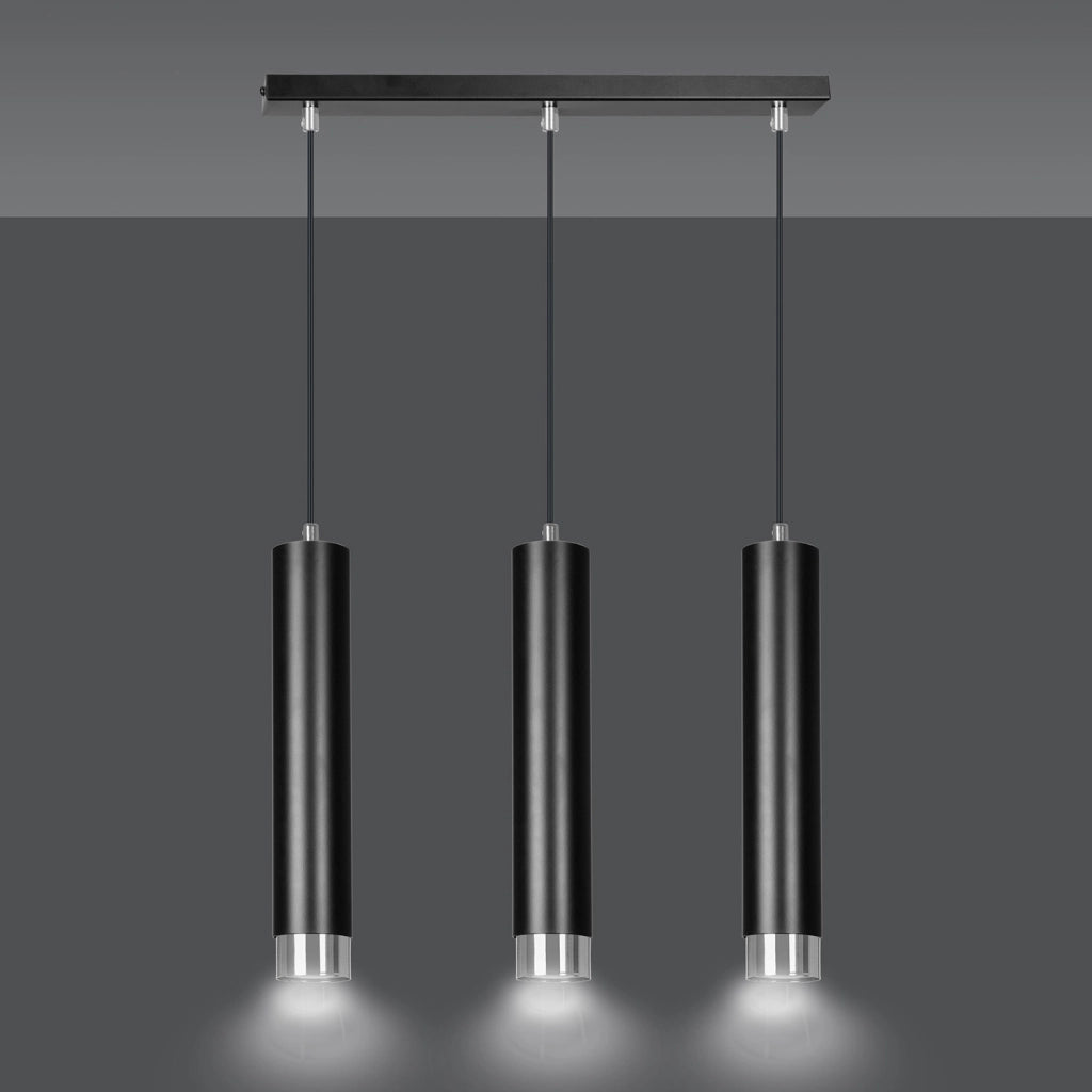 Lampadario 3 Luci Wagner In Acciaio Nero E Tubolari In Nero E Cromo
