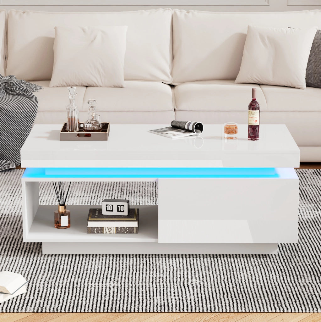 Tavolino da salotto lucido con LED e cassetto