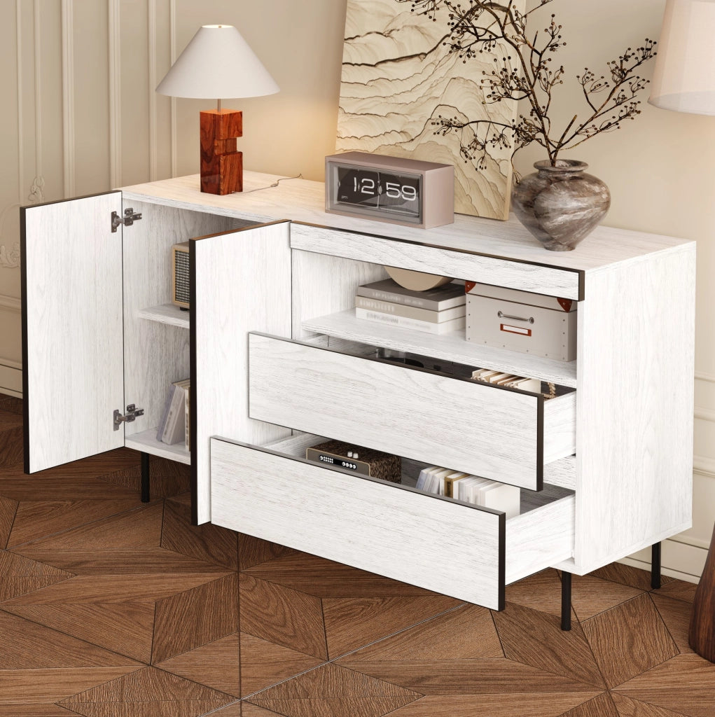 Credenza ULEVR 140x42x77 cm con ante senza maniglie, cassetti e ripiani aperti, bianca