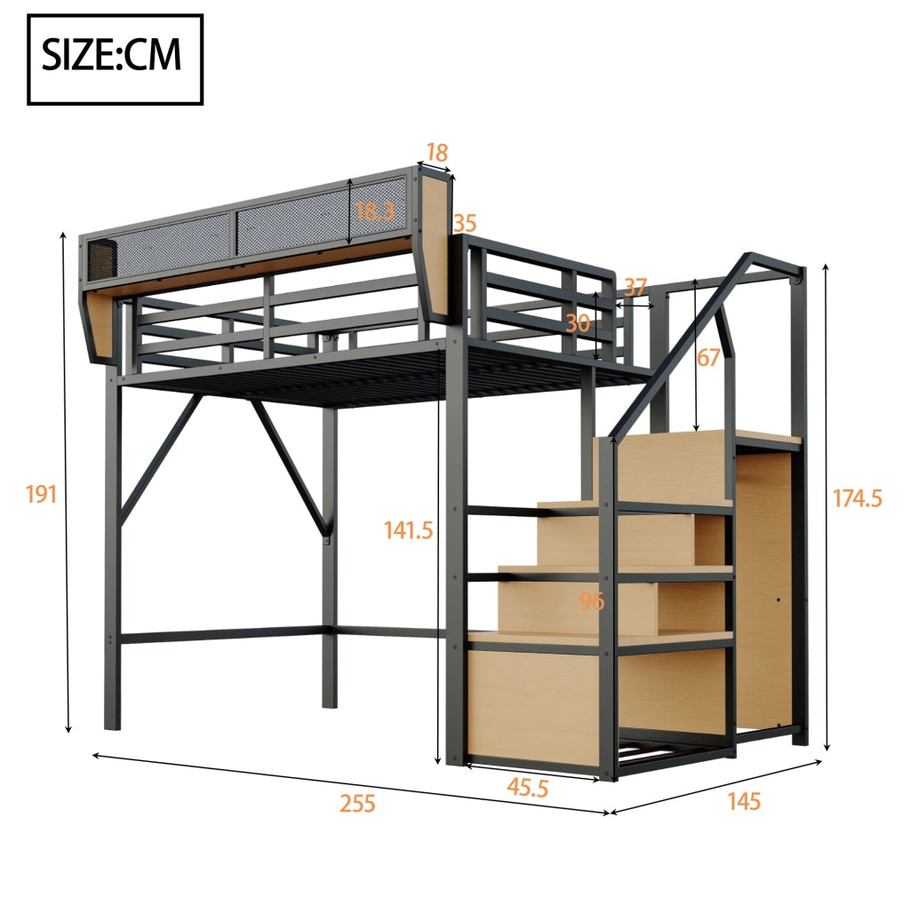 Letto a soppalco 140x200 cm; scala di sicurezza e ripiano flessibile; metallo nero (Senza materasso)