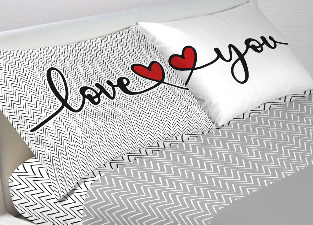 Completo Lenzuola Letto In 100% Cotone Made Italy Disegno Happy GI - Maxi - Love You