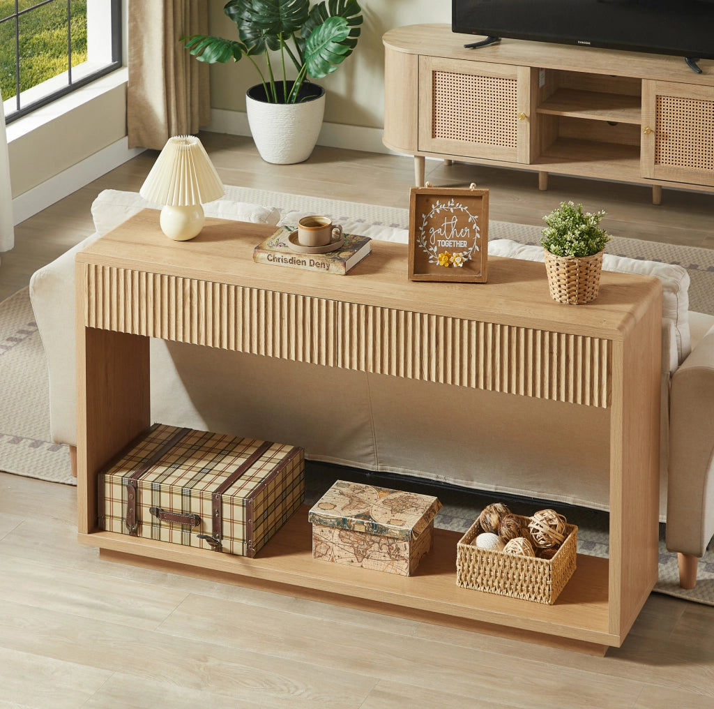 Consolle da ingresso 150x35x85 cm con 2 cassetti e ripiano aperto; naturale