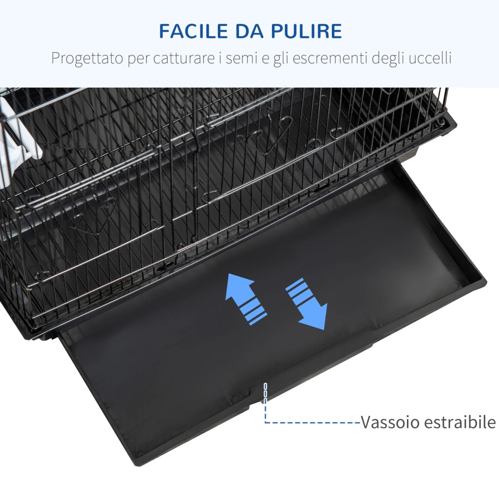 Gabbia per Uccelli in Metallo e Plastica con Trespoli, Altalena e Ciotole, 46.5x35.5x92 cm, Nero