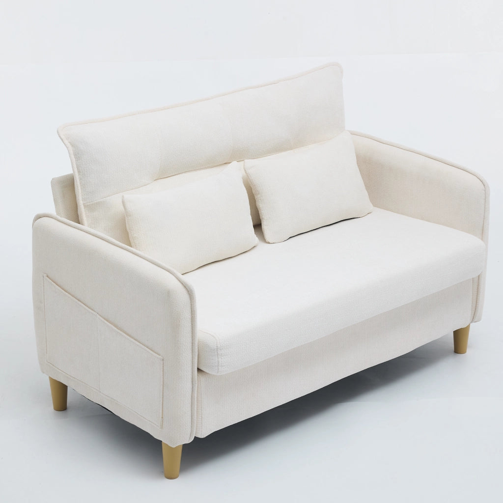 Divano a 2 posti in tessuto chenille Beige, 127 cm, con braccioli e tasche laterali