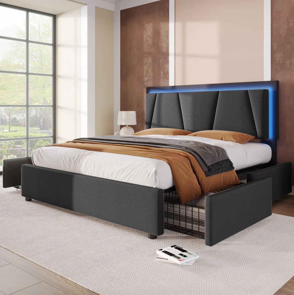 Letto matrimoniale 140x200 cm con LED; testiera regolabile e 4 cassetti; grigio