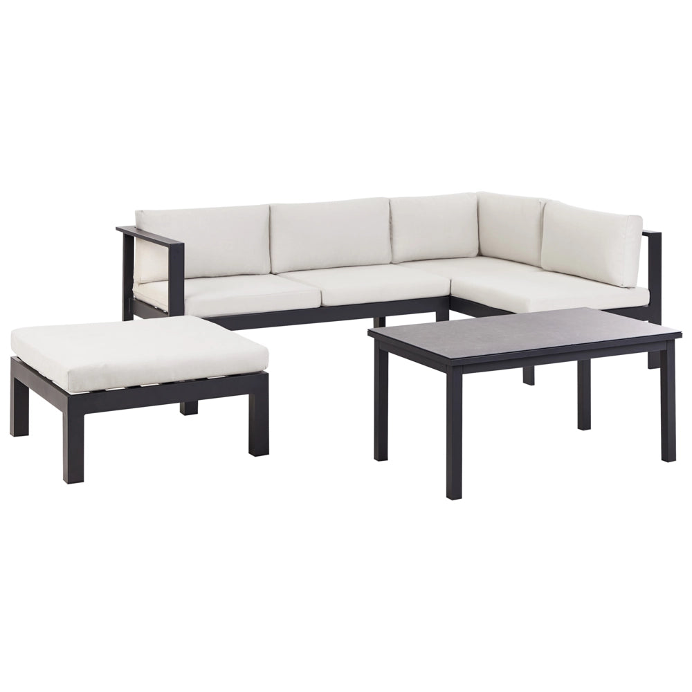 Set da giardino divano 5 posti e tavolo elevabile con struttura bianca e piano in vetro e cuscini nero e bianco sporco stile moderno scandinavo