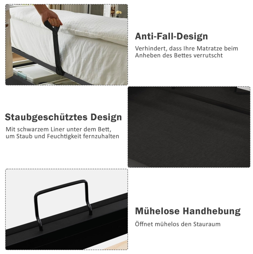 Letto matrimoniale 160x200 cm con contenitore; LED; USB-C e tessuto beige