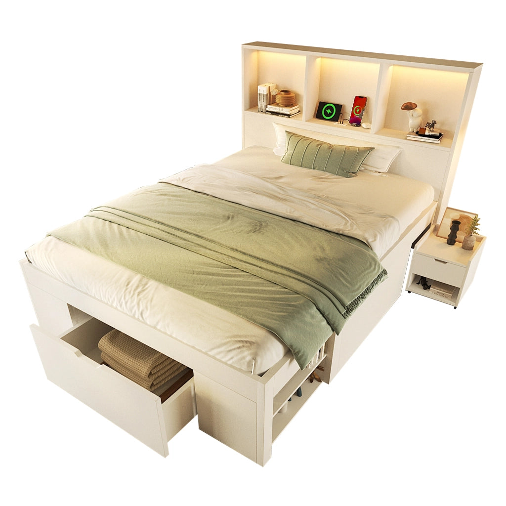 Letto funzionale 90x200 cm Bianco - Zephmum - Con ripostiglio, comodino mobile, LED, USB-C, cassetti