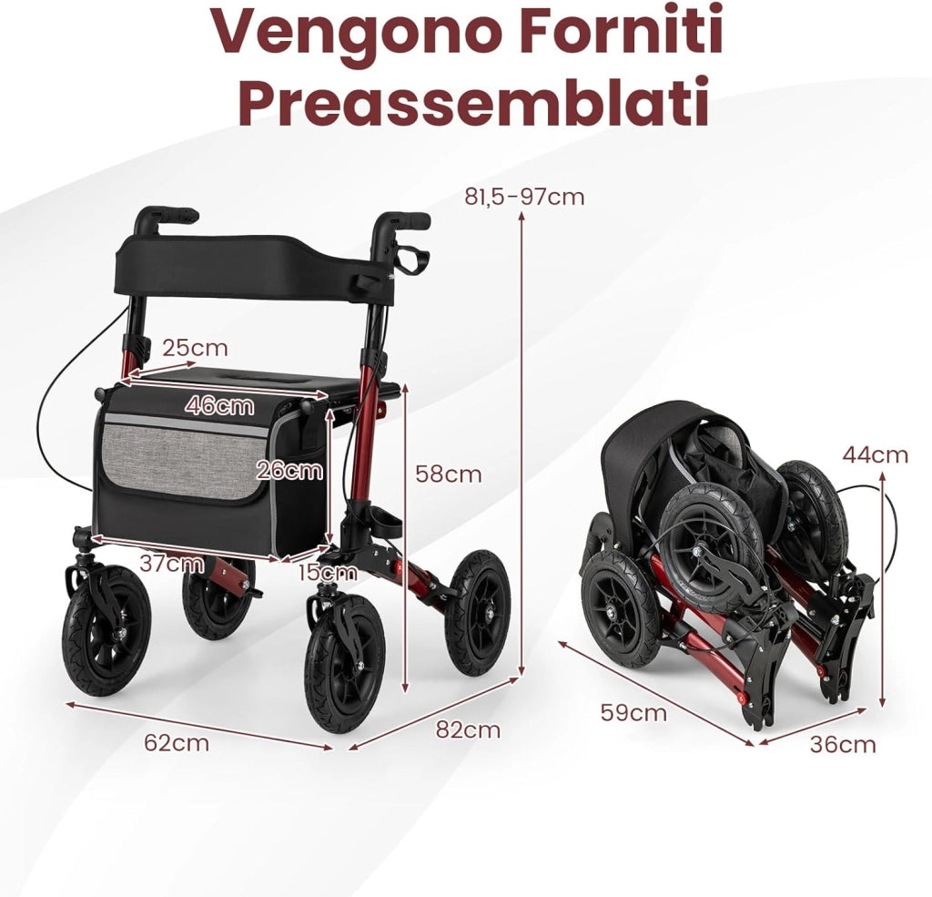 Deambulatore Pieghevole per Anziani in Alluminio, Rollator Regolabile in Altezza con Seduta, Schienale e Freni, Girello per Anziani con Borsetta, Carico Massimo 140 kg (Rosso)