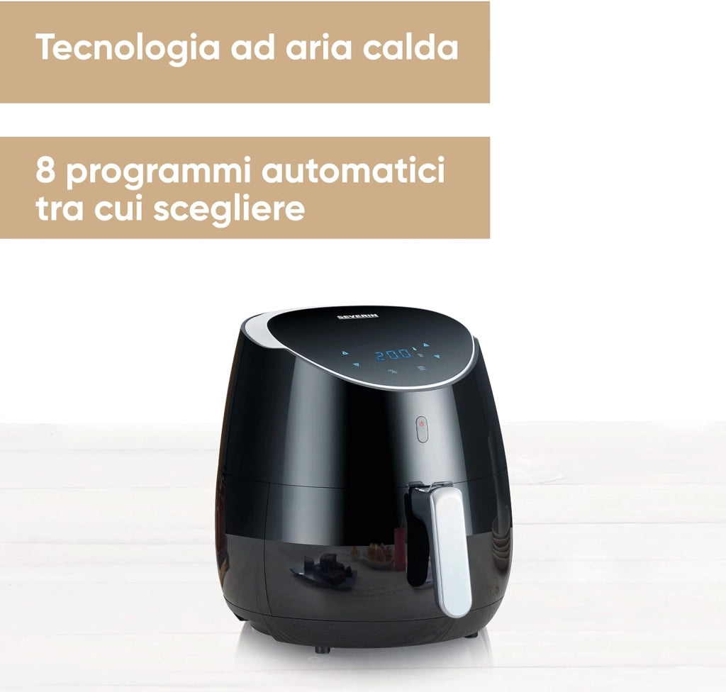 Severin fr 2445 friggitrice ad aria calda xxl 2000w da 5l, timer, regolazione temperatura, 8 programmi, friggitrice ad aria con display touch, friggitrice ad aria elettrica, nero