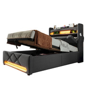 Letto contenitore singolo 90×200 cm con LED; USB e Type-C; materasso incluso; lino; grigio