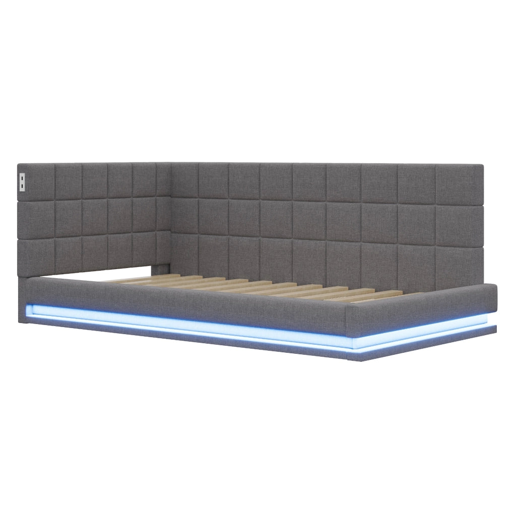 Divano letto 90x200 cm grigio in lino, con LED, USB e rete a doghe