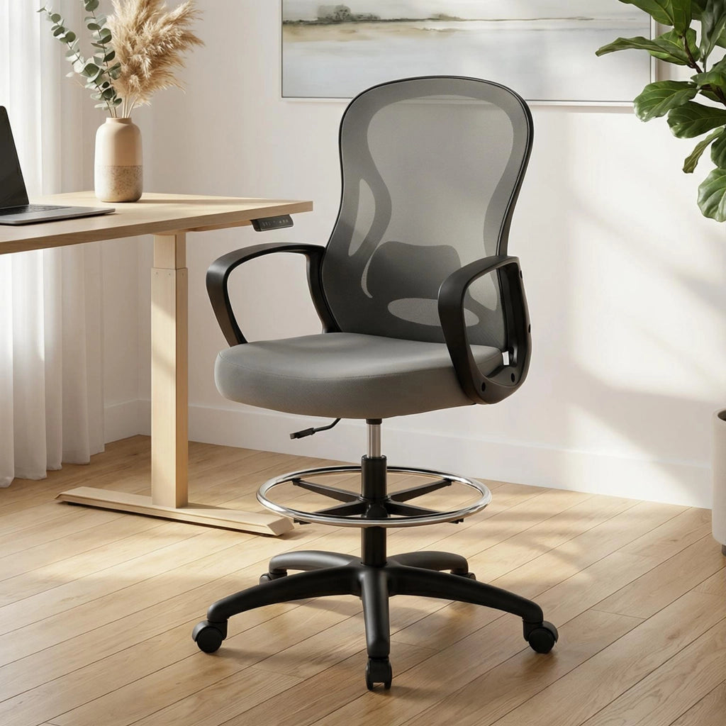 Poltrona ergonomica da ufficio con poggiapiedi e braccioli ¨C zephmum ¨C Grigio, rete, 59x65x123 cm