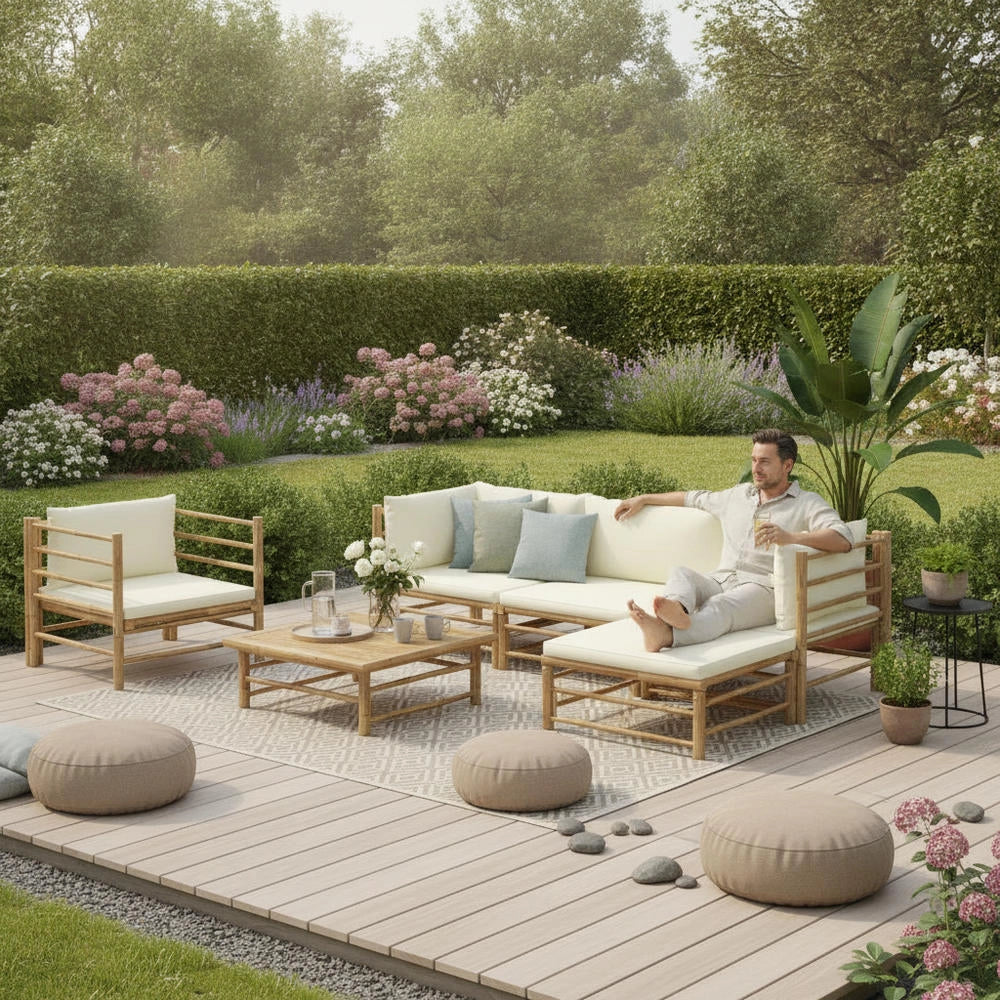 6-piece Garden Lounge Set With Cream-white Bamboo Cushions