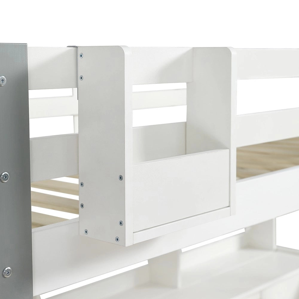 Letto a Soppalco con Scrivania e Contenitore ¨C MINIMAL ¨C Pino e MDF, Bianco e Grigio, 90x200