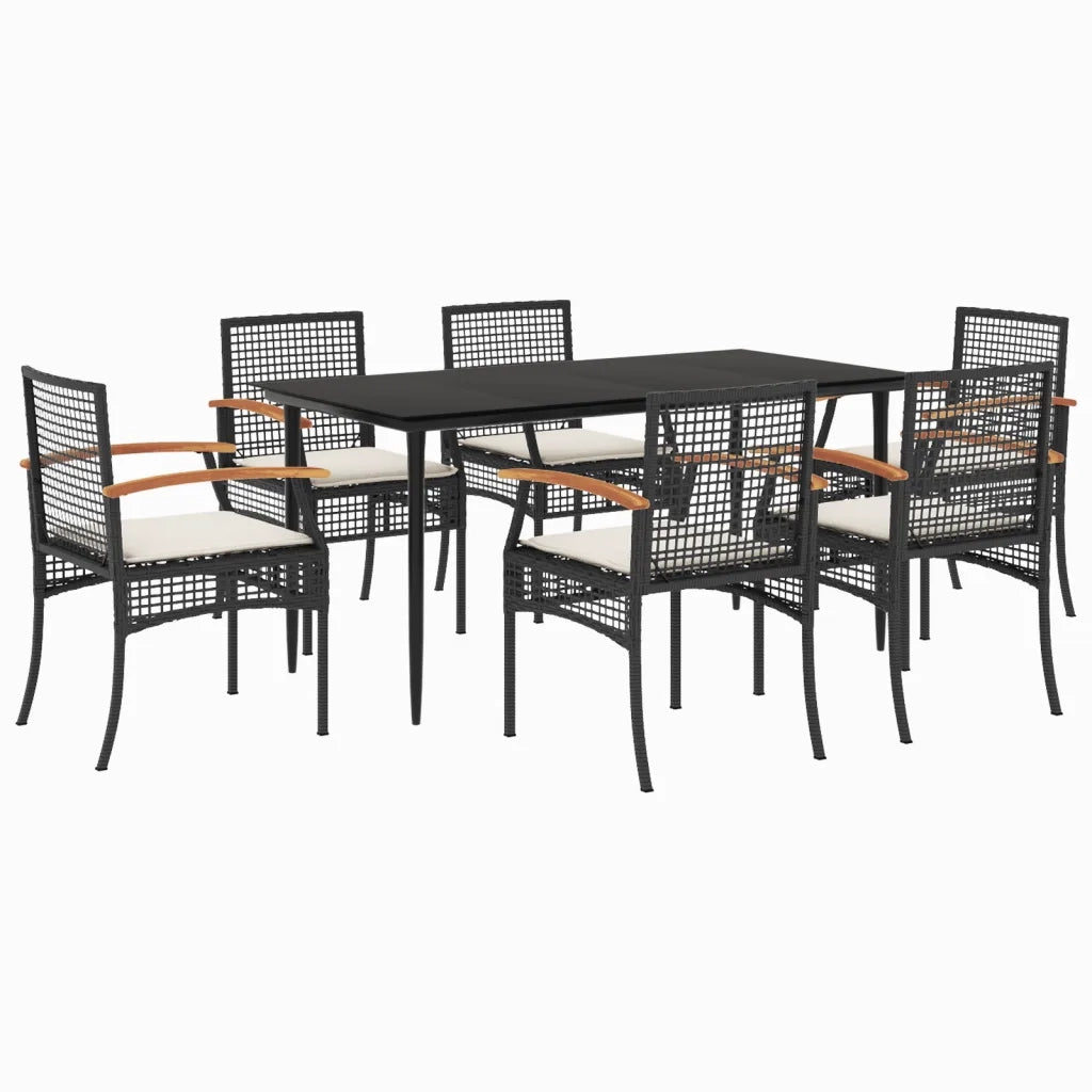 Set da Pranzo da Giardino 7 pz Nero con Cuscini in Polyrattan