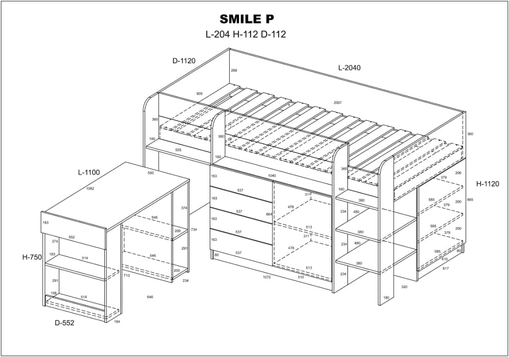 LETTO MOBILE CASS. CON SCRITTOIO SMILE P 204x 112x112cm LATO DESTRO BIANCO GRAFITE GREZZO