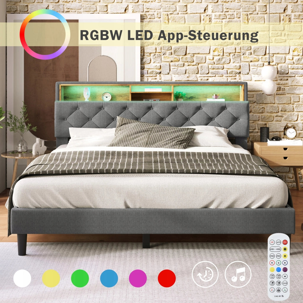 Letto imbottito con illuminazione LED - Xylo - 140??200 cm - Grigio