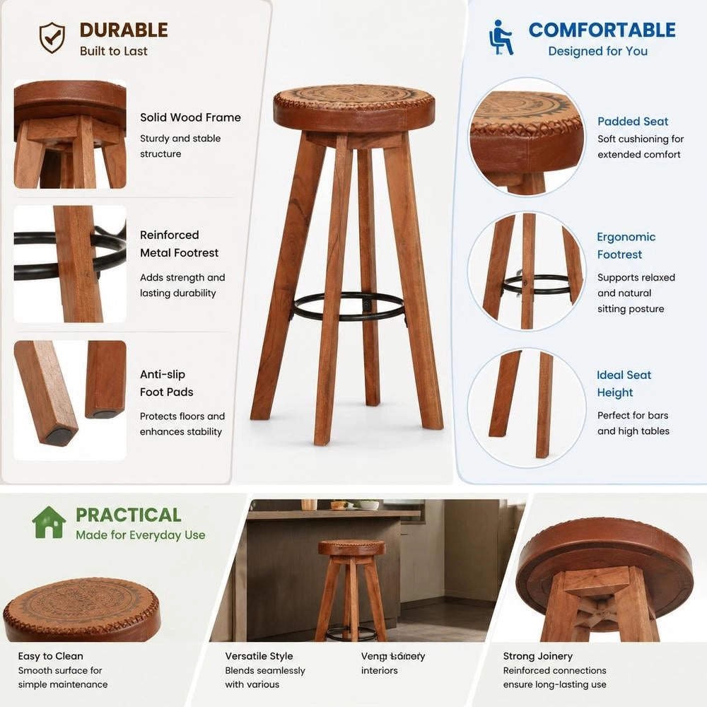 Bar Stools, Set Of 2, Genuine Leather And Solid Acacia Wood