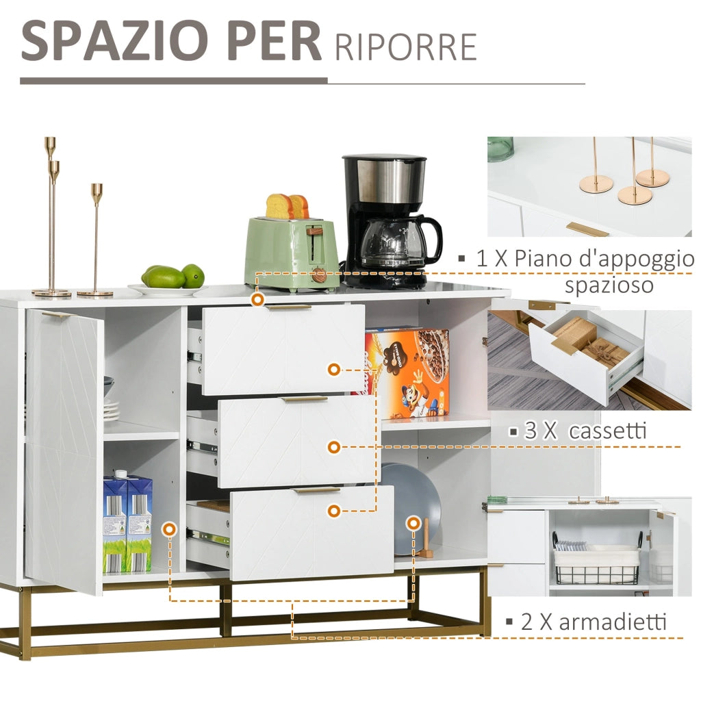 Easycomfort Credenza Moderna Bianca, Credenza Bassa Buffet per Cucina o Sala da Pranzo con 3 Cassetti e 2 Ante, 120x40x76cm