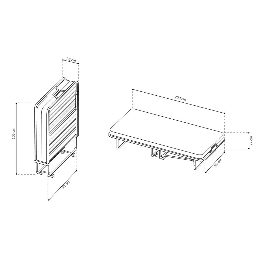Letto pieghevole NAZARE – 90x200 cm in metallo nero con ruote, rete e materasso inclusi
