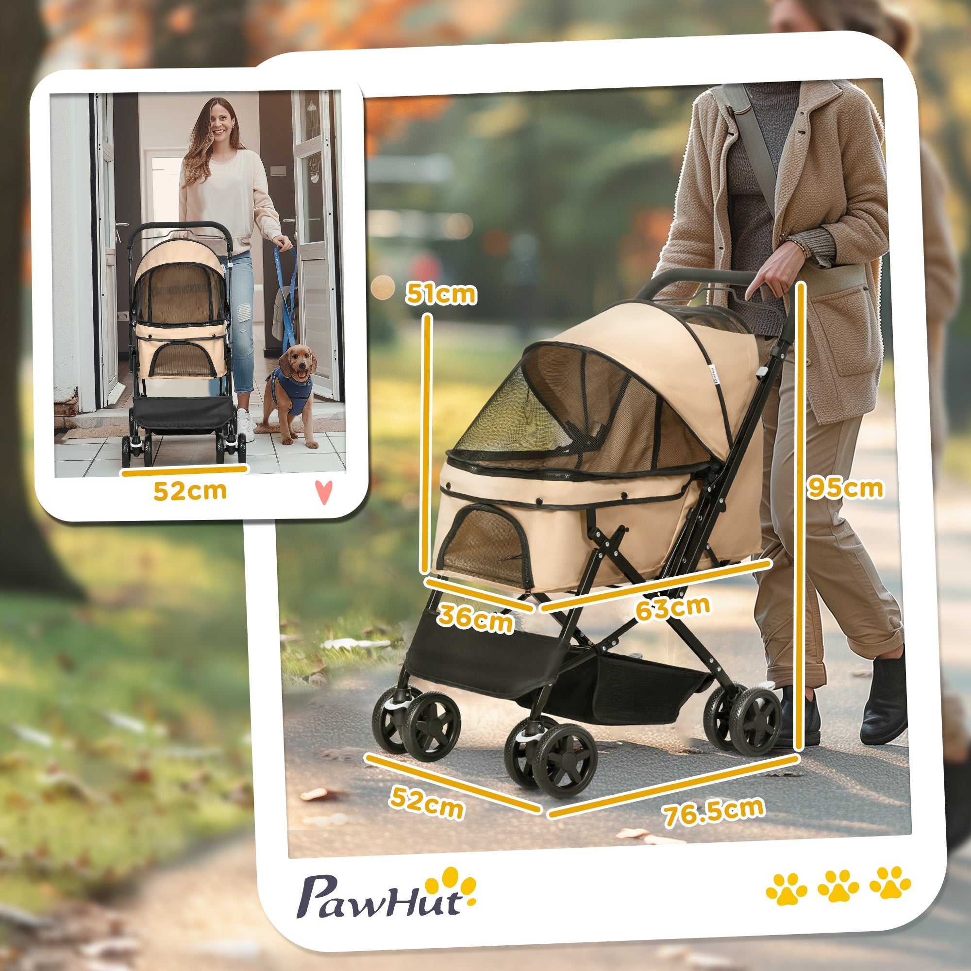 Passeggino per Cani Piccoli Pieghevole Maniglione Reversibile 76,5x52x95cm Marrone Chiaro