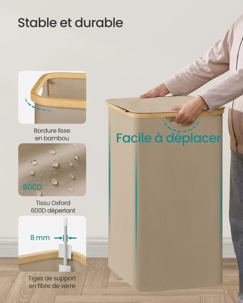 Cesto portabiancheria sottile con coperchio 65 litri salvaspazio fodera in rete rimovibile tessuto Oxford manici in bambù pieghevole marrone 12_0006730