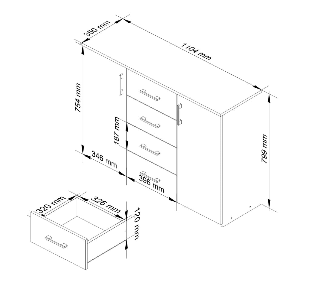 Cassettiera AKORD K45 Cassettiera Bianca 110 cm 2 ante 4 cassetti 110x35x80 cm