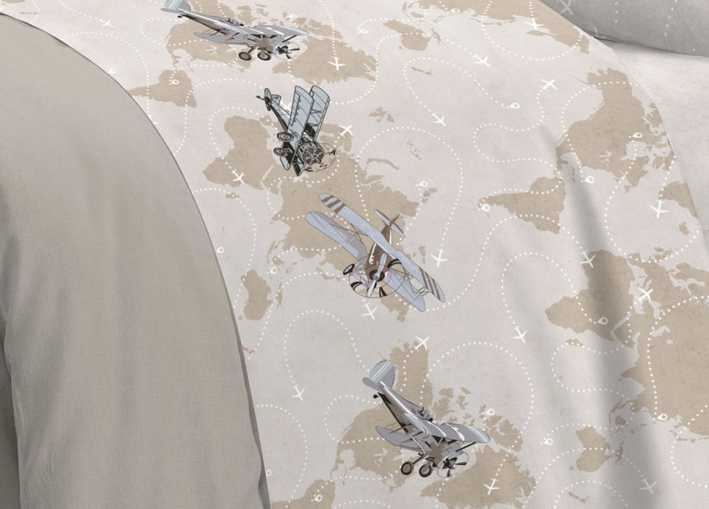 Completo Lenzuola Linea Pensieri Delicati 100% Cotone Disegno Aerei - Matrimoniale - Beige