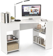 Scrivania per computer a forma di L, 120 x 60 x 75 cm, scrivania ad angolo con cassetti e ripiani aperti, design salvaspazio, tavolo ad angolo per camera da letto, ufficio (bianco)