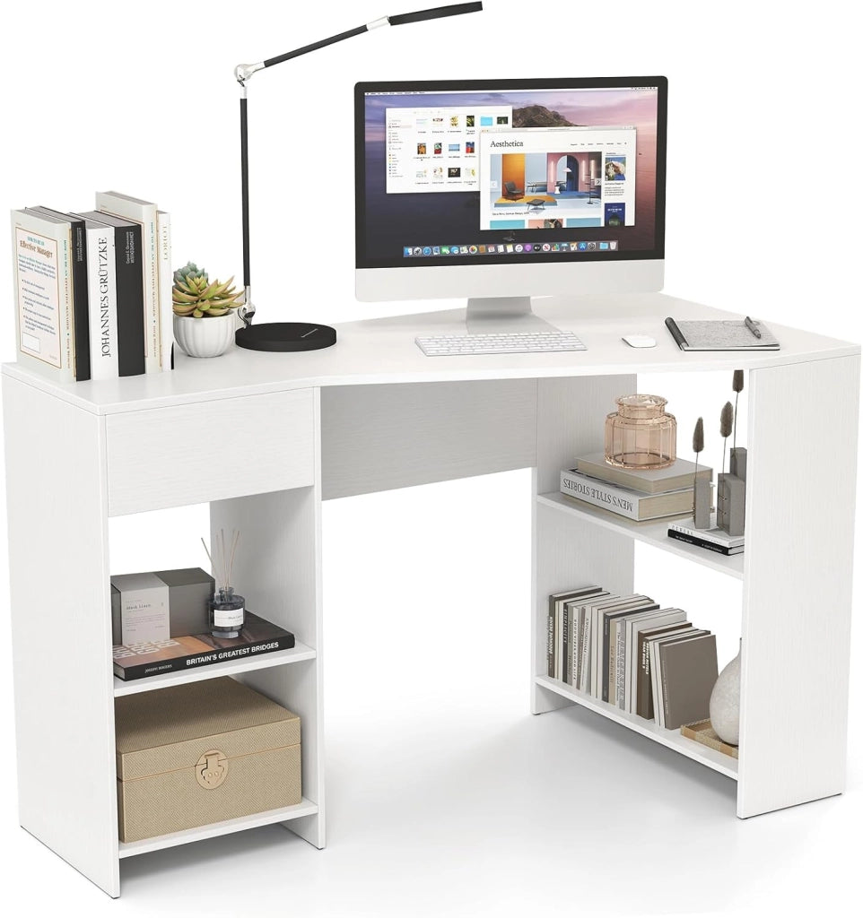 Scrivania per computer a forma di L, 120 x 60 x 75 cm, scrivania ad angolo con cassetti e ripiani aperti, design salvaspazio, tavolo ad angolo per camera da letto, ufficio (bianco)