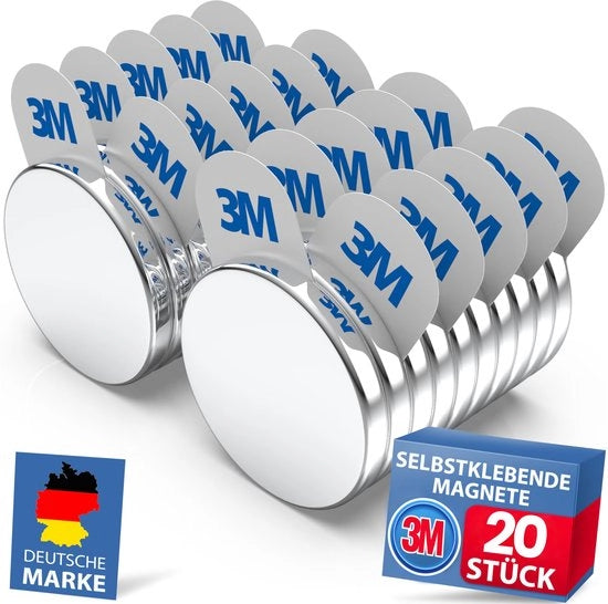 Magnetici Neodymium da Parete [LIJM 3M STRAORDINARIO] Maxi-Pack 20 pezzi (30x3mm) | con adesivi magnetici 3M | Magnetici potenti per aziende, whiteboard, foto e frigoriferi