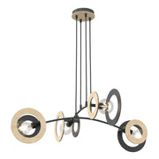 Lampadario 4 Luci Rea Acciaio Nero Legno Naturale E Diffusori Doppio Cerchio