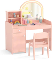 Toeletta Trucco 2 in 1 per Bambina, Specchiera per Ragazza in Legno con Mensole, Cassetto, Ripiani e Luci LED Regolabile, Postazione Trucco per 3 Anni, 80 x 40 x 94 cm (Rosa Chiaro)