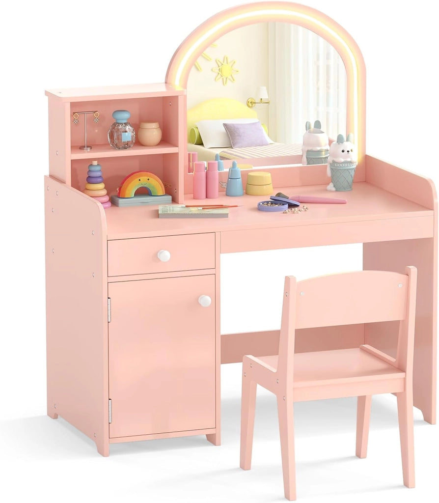 Toeletta Trucco 2 in 1 per Bambina, Specchiera per Ragazza in Legno con Mensole, Cassetto, Ripiani e Luci LED Regolabile, Postazione Trucco per 3 Anni, 80 x 40 x 94 cm (Rosa Chiaro)