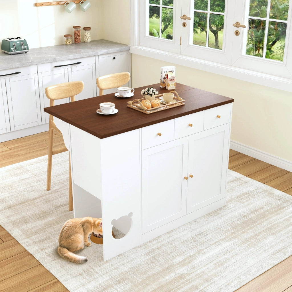Carrello da Cucina con 3 Cassetti e 2 Ante; Piano Estensibile; Portaspezie e Zona per Animale; MDF; Bianco Noce; 120x40x90 cm