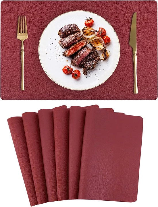 Piatto da tavola, finitura in pelle, set da 6 pezzi, rosso scuro, resistente al calore, pelle in PU, lavabile, pelle artificiale, 42 x 30 cm, per uso domestico, cucina, ristorante e hotel