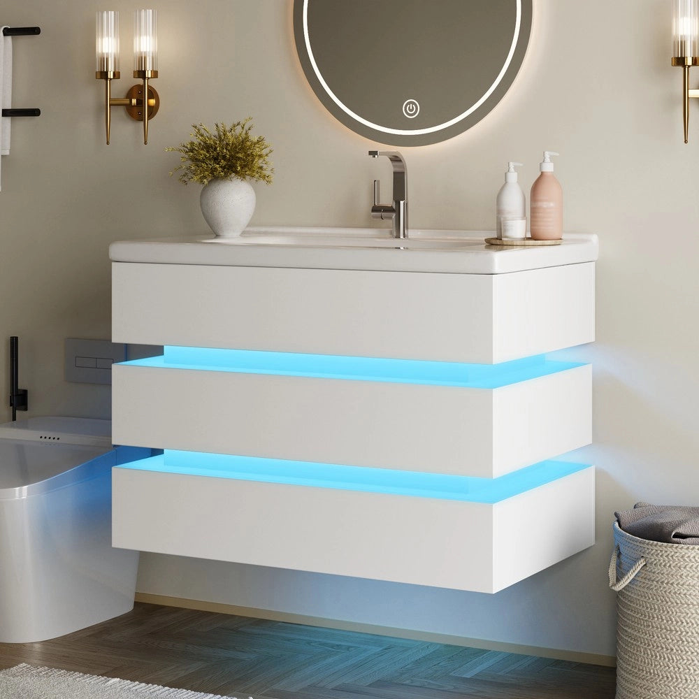 Mobile Bagno Sospeso con LED e Lavabo in Ceramica ¨C Xylo ¨C Bianco, Cassetti Soft-Close