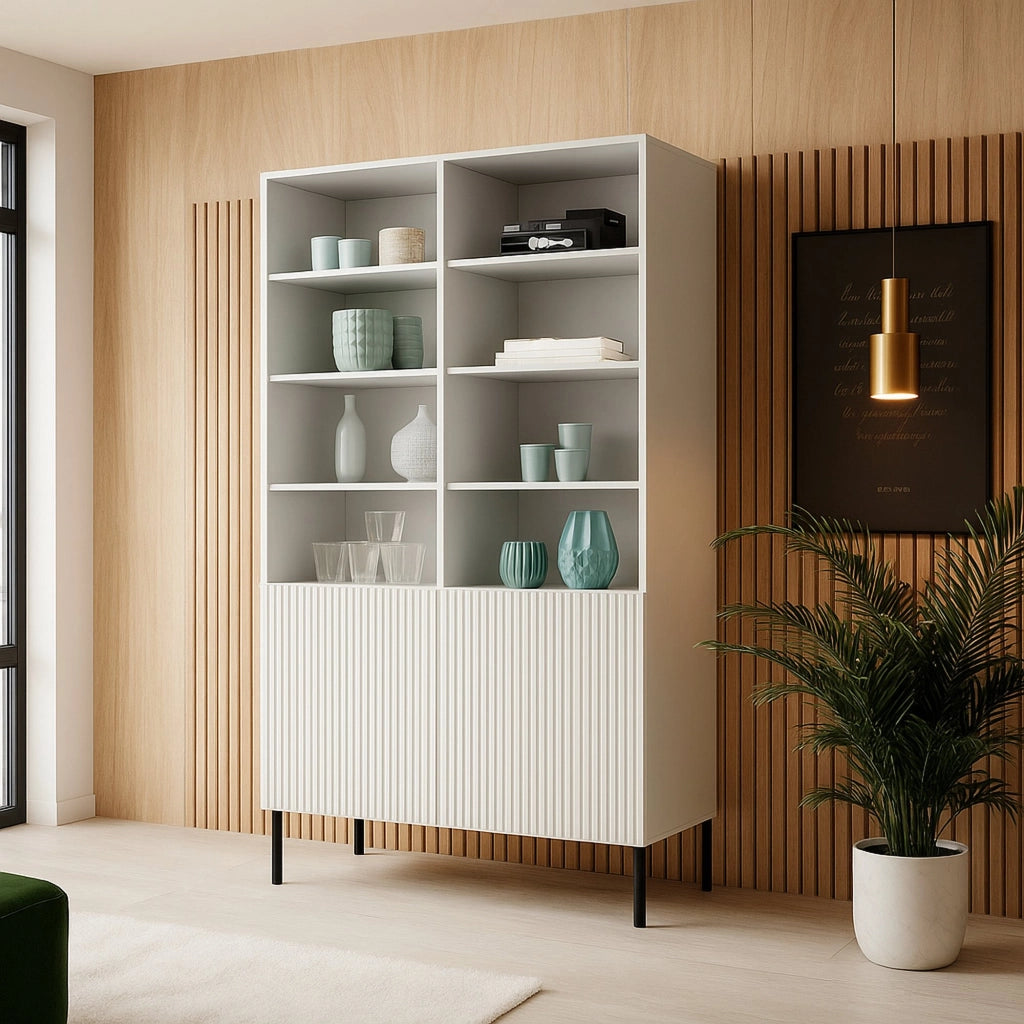 Libreria Ghilarza, Mobile portalibri con vani aperti e due ante, Rialzato da terra, 100x42 h177 cm, Bianco