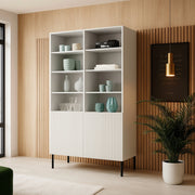 Libreria Ghilarza, Mobile portalibri con vani aperti e due ante, Rialzato da terra, 100x42 h177 cm, Bianco